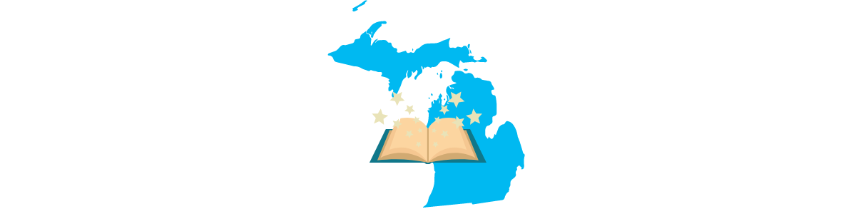 blue silhouette of Michigan with open book superimposed